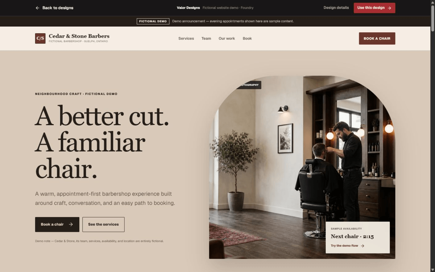 Cedar and Stone fictional barbershop website demo