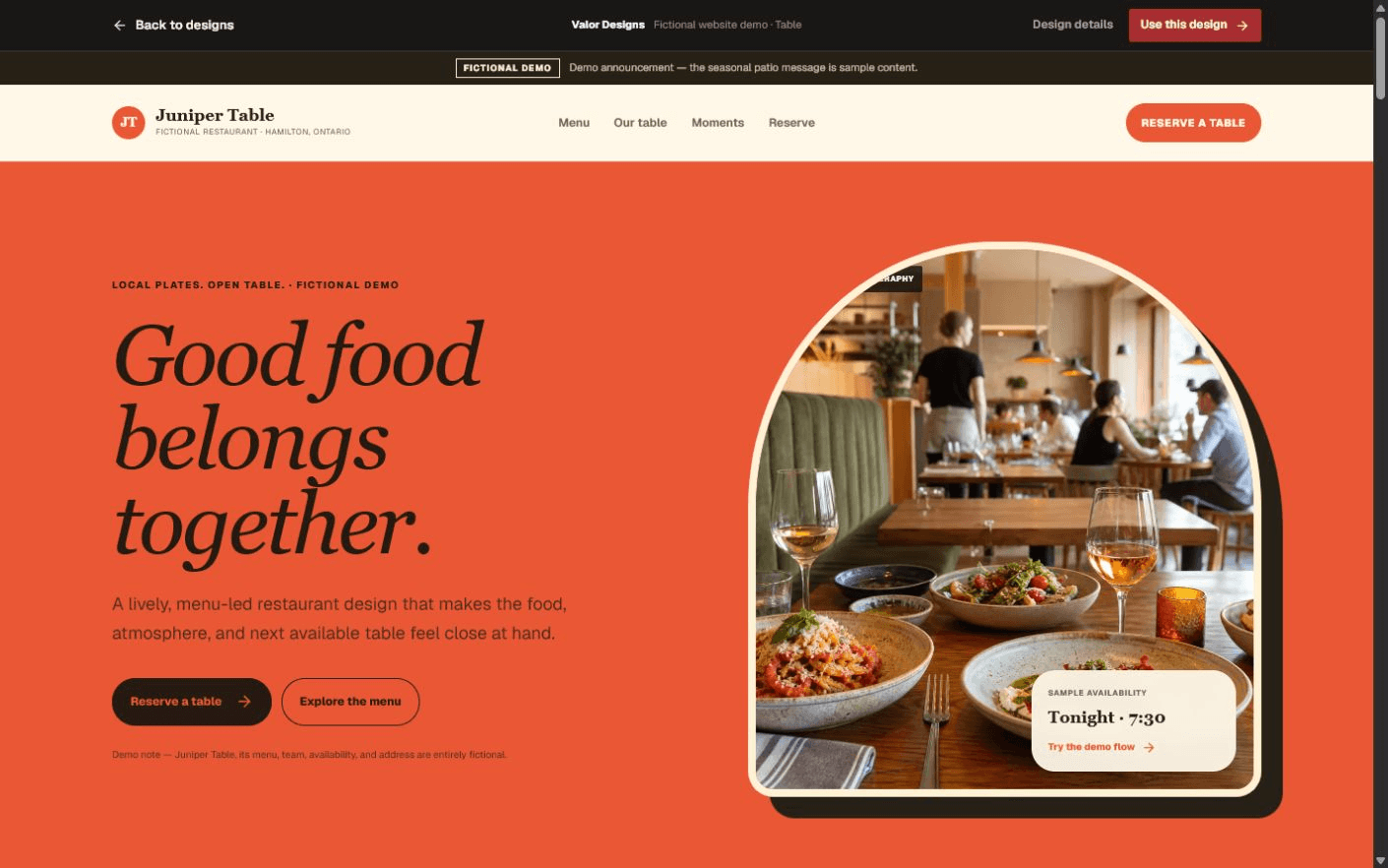 Juniper Table fictional restaurant website demo