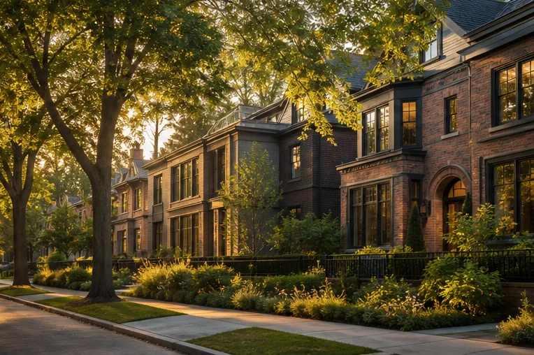 Fictional luxury brick homes on a mature tree-lined street